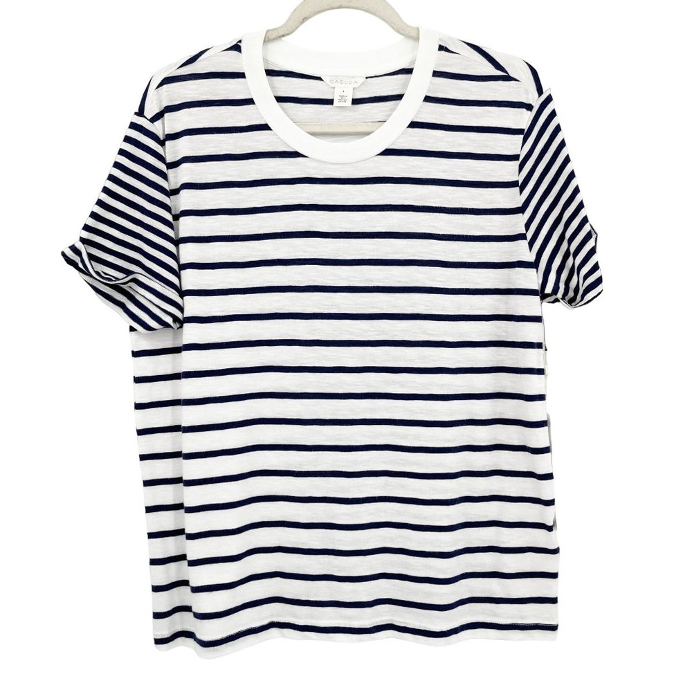 New Caslon Womens Small T-Shirt Tee Navy Blue White Stripe Crew Neck Lightweight